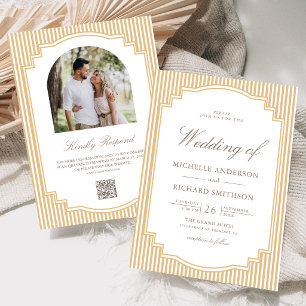 Classic Beige Tan Striped Photo QR Code Wedding Invitation