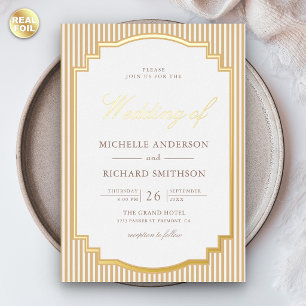 Classic Beige Tan Striped Photo Wedding Gold