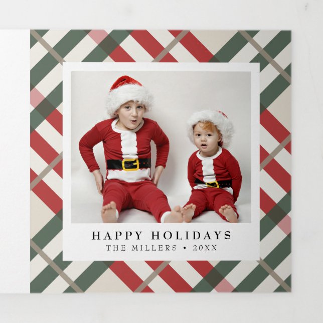 Classic Beige Tartan Plaid Christmas Tri-Fold Holiday Card (Cover)