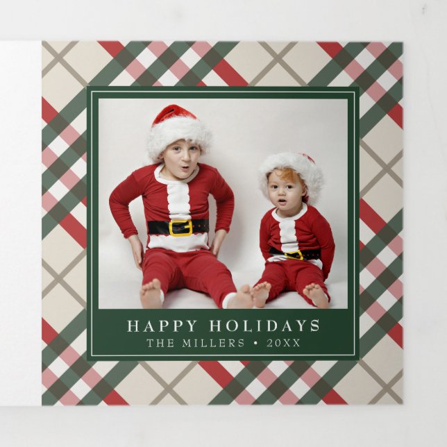 Classic Beige Tartan Plaid Christmas Tri-Fold Holiday Card (Cover)