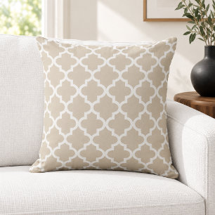 Classic Beige White Quatrefoil Trellis Cushion