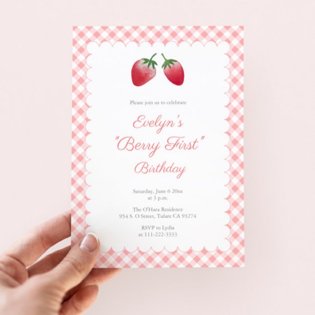 Classic Berry First 1st Birthday Strawberry Party Invitation (Classic Berry First Birthday Party Invitation With Scallop Effect Border And Pink Buffalo Check)