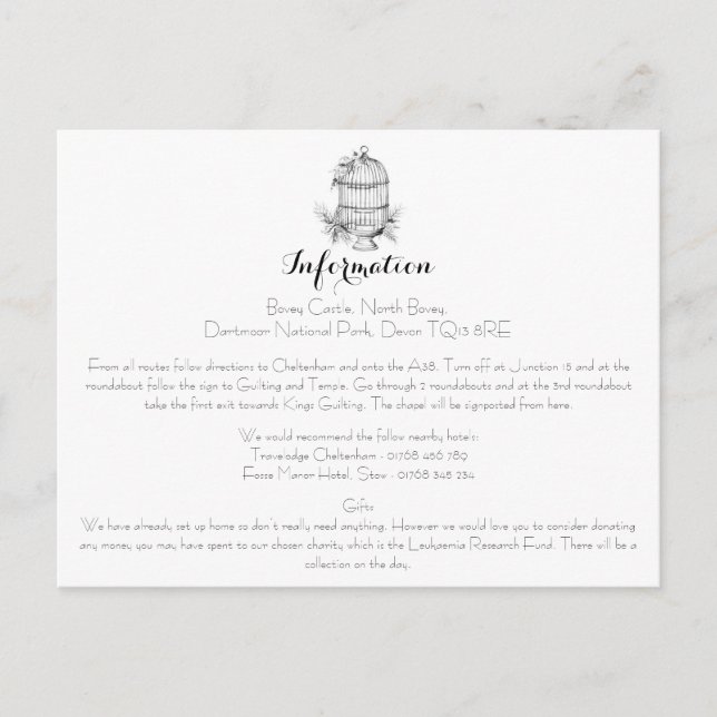 Classic Birdcage Wedding Information Card (Front)