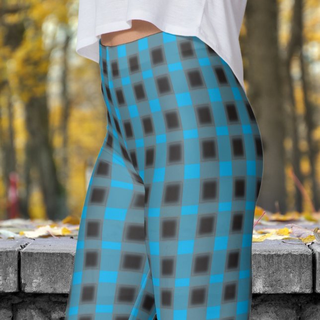 Classic Black and Azure Blue Check Pattern Leggings (Classic Black and Azure Blue Check Pattern Leggings)