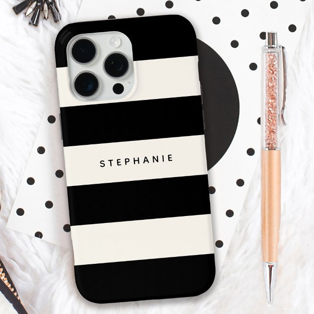 Classic Black and Eggshell White Stripes with Name Case-Mate iPhone Case (Personalize this stylish iPhone case with your name or other text.)
