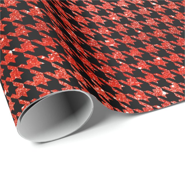 Classic Black and Glitter Red Houndstooth Pattern  Wrapping Paper (Roll Corner)