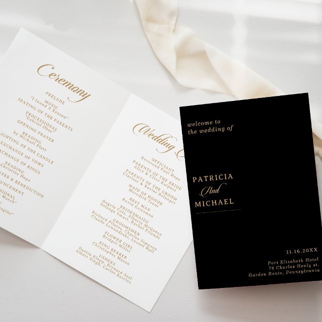Classic Black and Gold Calligraphy Folded Wedding Program (Creator Uploaded)