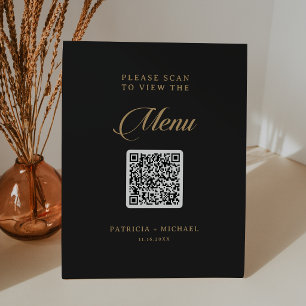Classic Black and Gold QR Code Wedding Menu Pedestal Sign
