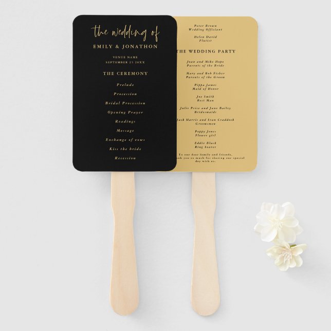 Classic Black and Gold Script Wedding Program Hand Fan (Front and Back)