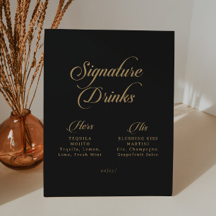 Classic Black and Gold Wedding Signature Drinks Pedestal Sign