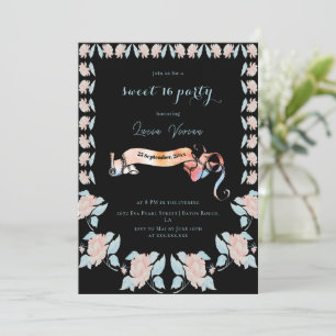 Classic Black And Light Pink floral sweet 16 Invitation