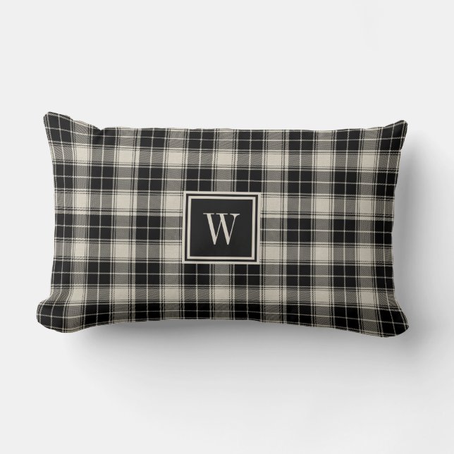 Classic Black and Off-White Plaid with Monogram Lumbar Cushion (Front)