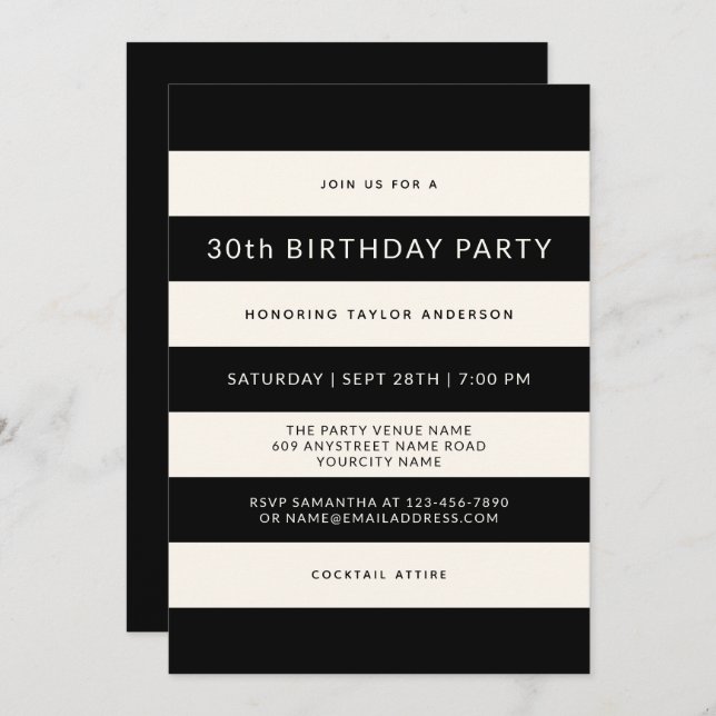 Classic Black and Off-White Stripes Birthday Party Invitation (Front/Back)