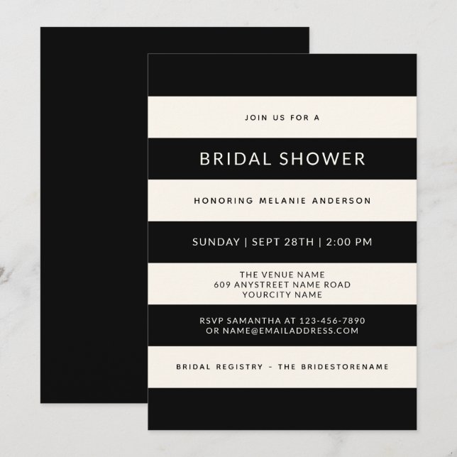 Classic Black and Off-White Stripes Bridal Shower Invitation (Front/Back)