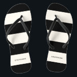 Classic Black and Off-White Stripes with Name Thongs<br><div class="desc">With elegant minimalist styling, this simple classic design has a sophisticated modern appeal. The bold horizontal rugby stripes pattern in black and eggshell off-white has a clean-look sans-serif type face for including your first and last name. These flip flops make wonderful gifts for a variety of occasions including birthdays, weddings,...</div>