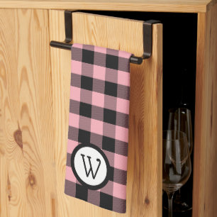Classic Black and Pink Buffalo Plaid with Monogram Tea Towel