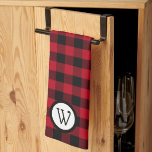 Classic Black and Red Buffalo Plaid with Monogram Tea Towel