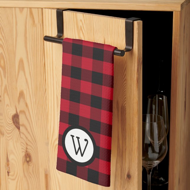 Classic Black and Red Buffalo Plaid with Monogram Tea Towel (Thirds Fold)