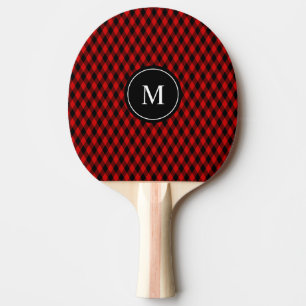 Classic Black and Red Diamond Pattern & Monogram Ping Pong Paddle