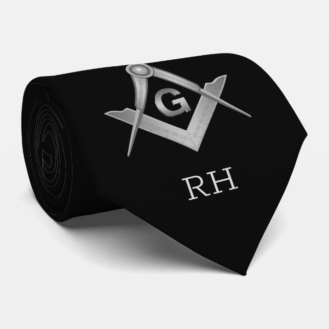 Classic Black and Silver Masonic Monogrammed Tie (Rolled)
