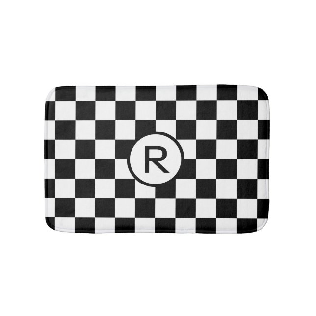 Classic Black and White Chequered Pattern Monogram Bath Mat (Front)