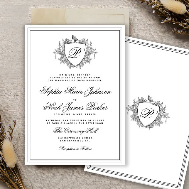 Classic black and white crest monogram wedding  invitation (Creator Uploaded)