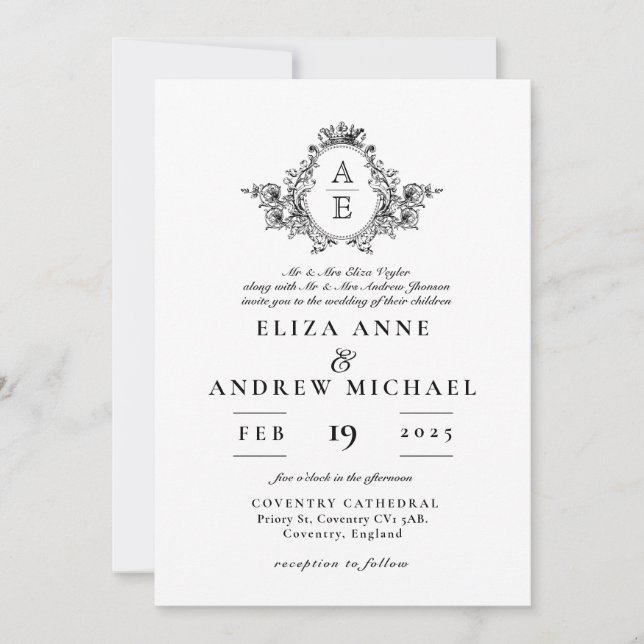 Classic Black and White Crest Monogram Wedding Invitation (Front)