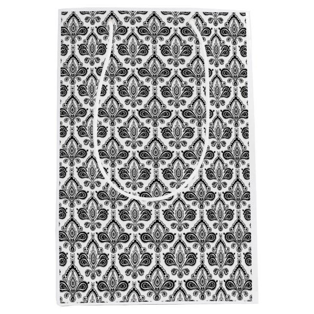 Classic Black and White Damask Textile Pattern Medium Gift Bag (Front)