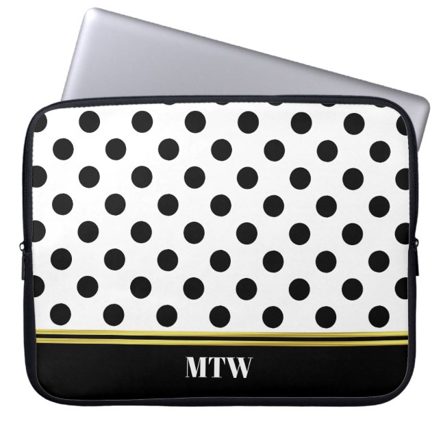 Classic Black and White Dot Pattern and Monogram Laptop Sleeve (Front)