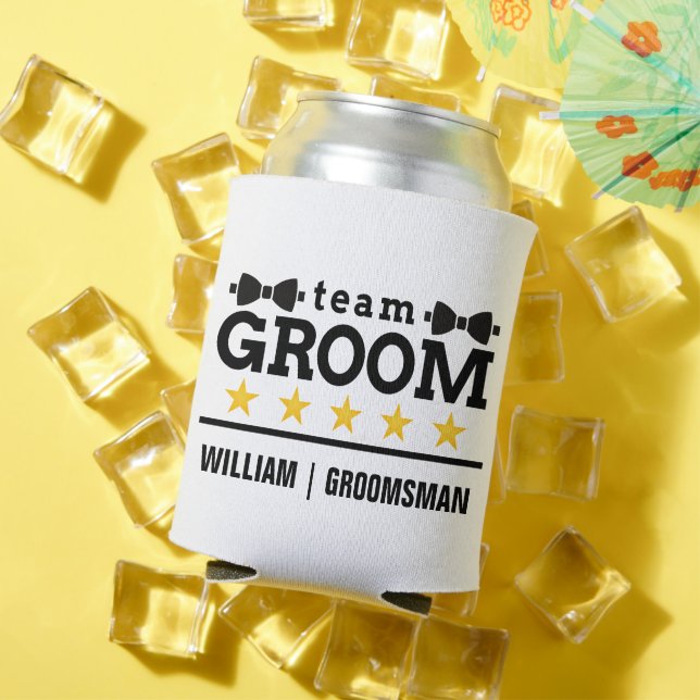 Classic Black and White Elegant Text Team Groom Can Cooler (In Situ Summer)