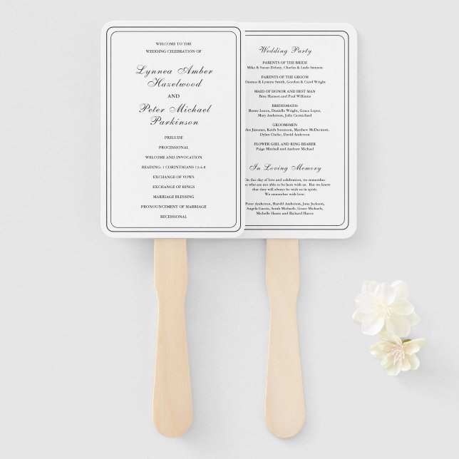 Classic Black and White Elegant Wedding Program Hand Fan (Front and Back)