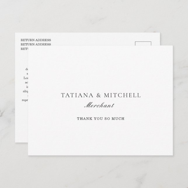 Classic Black and White Elegant Wedding Thank You Postcard (Front/Back)