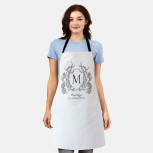 Classic Black and White Floral Crest Monogram Apron