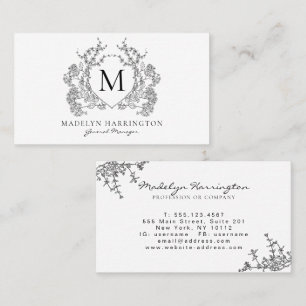 Classic Black and White Floral Crest Monogram Business Card