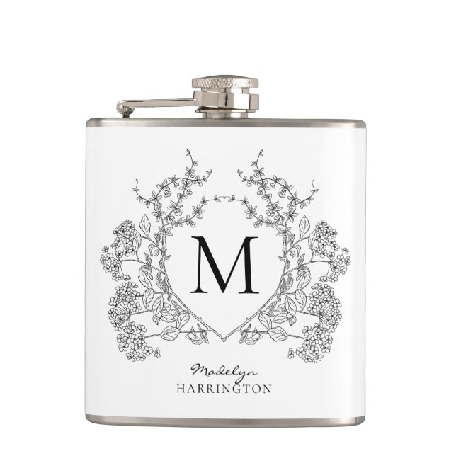 Classic Black and White Floral Crest Monogram Hip Flask (Front)
