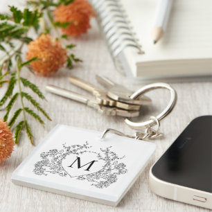 Classic Black and White Floral Crest Monogram Key Ring