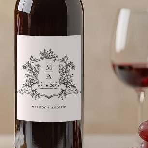 Classic Black and White Floral Crest Wedding Wine Label