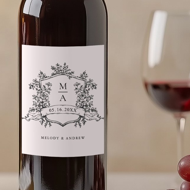 Classic Black and White Floral Crest Wedding Wine Label (Creator Uploaded)