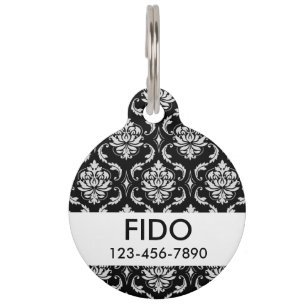Classic Black and White Floral Damask Pattern Pet Tag