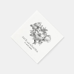 Classic Black and White Floral Drawing Wedding Napkin