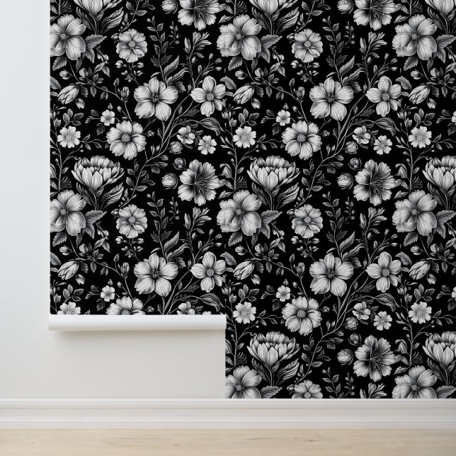 Classic Black and White Floral Wall Covering (Application)