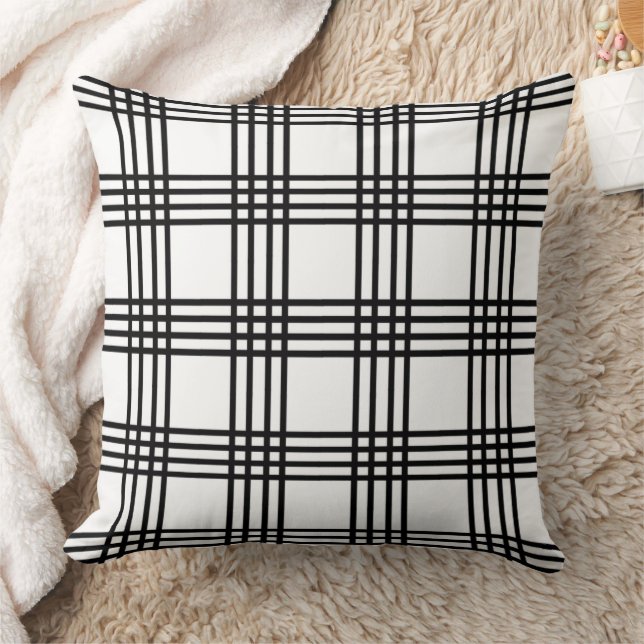 Classic Black and White Four Stripe Plaid Cushion (Blanket)