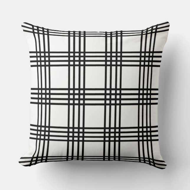 Classic Black and White Four Stripe Plaid Cushion (Front)