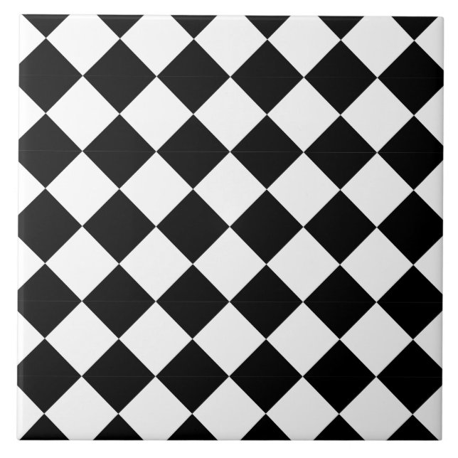 Classic Black and White Harlequin Diagonal Chequer Ceramic Tile (Front)