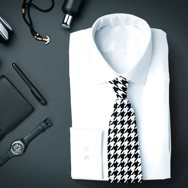 Classic Black and White Houndstooth Check Tie (A necktie with a B&W houndstooth pattern is featured on an assemblage of men's fashion accessories.)