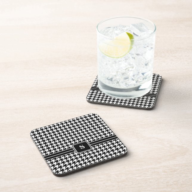 Classic Black and White Houndstooth Monogram Coaster (Right Side)