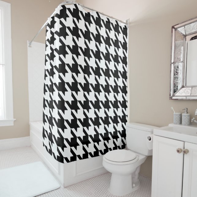 Classic Black and White Houndstooth Pattern Shower Curtain (In Situ)