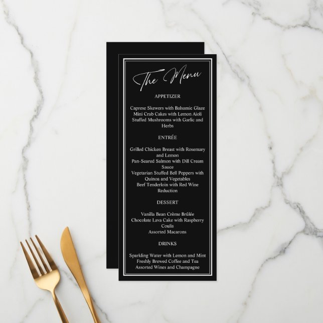 Classic Black and White Modern Wedding Menu (Front/Back In Situ)
