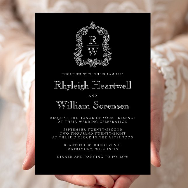Classic Black and White Monogram Crest Wedding Invitation (Creator Uploaded)