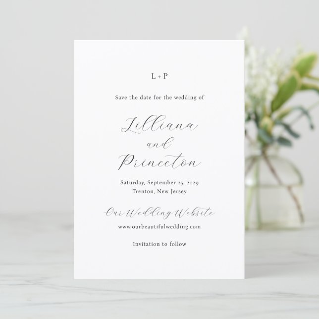 Classic Black and White Monogram Elegant Wedding Save The Date (Standing Front)